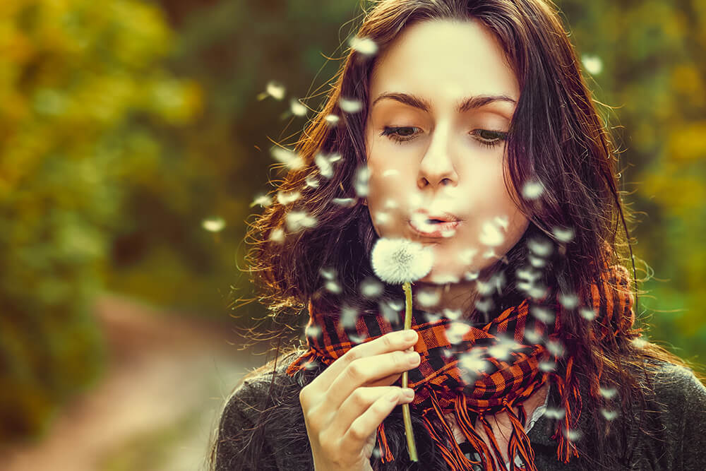 Girl Blowing On White Dandelion In The Forest
